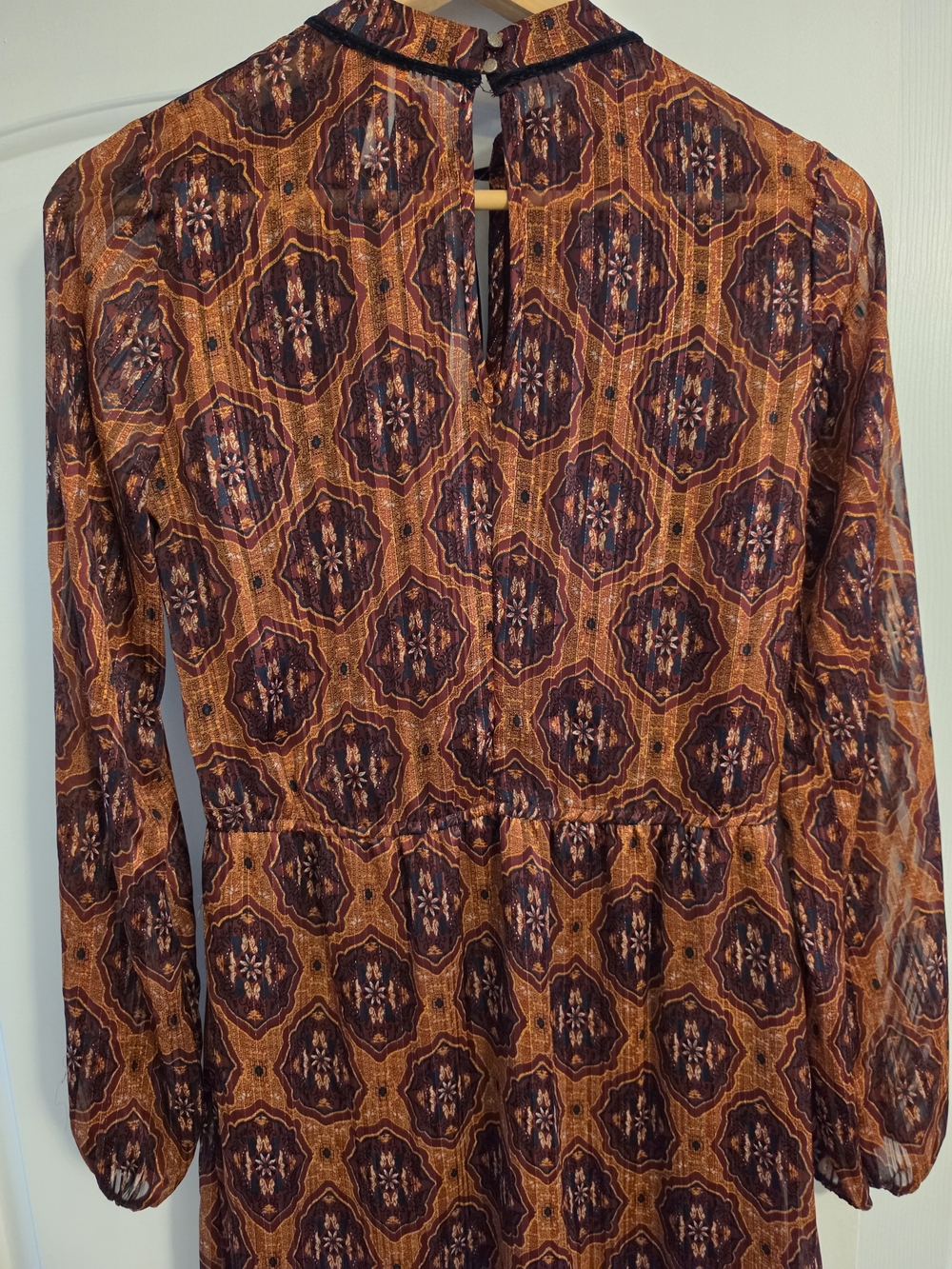 Women's Long Sleeve Printed Rust and Plum Dress - Picture 5 of 8